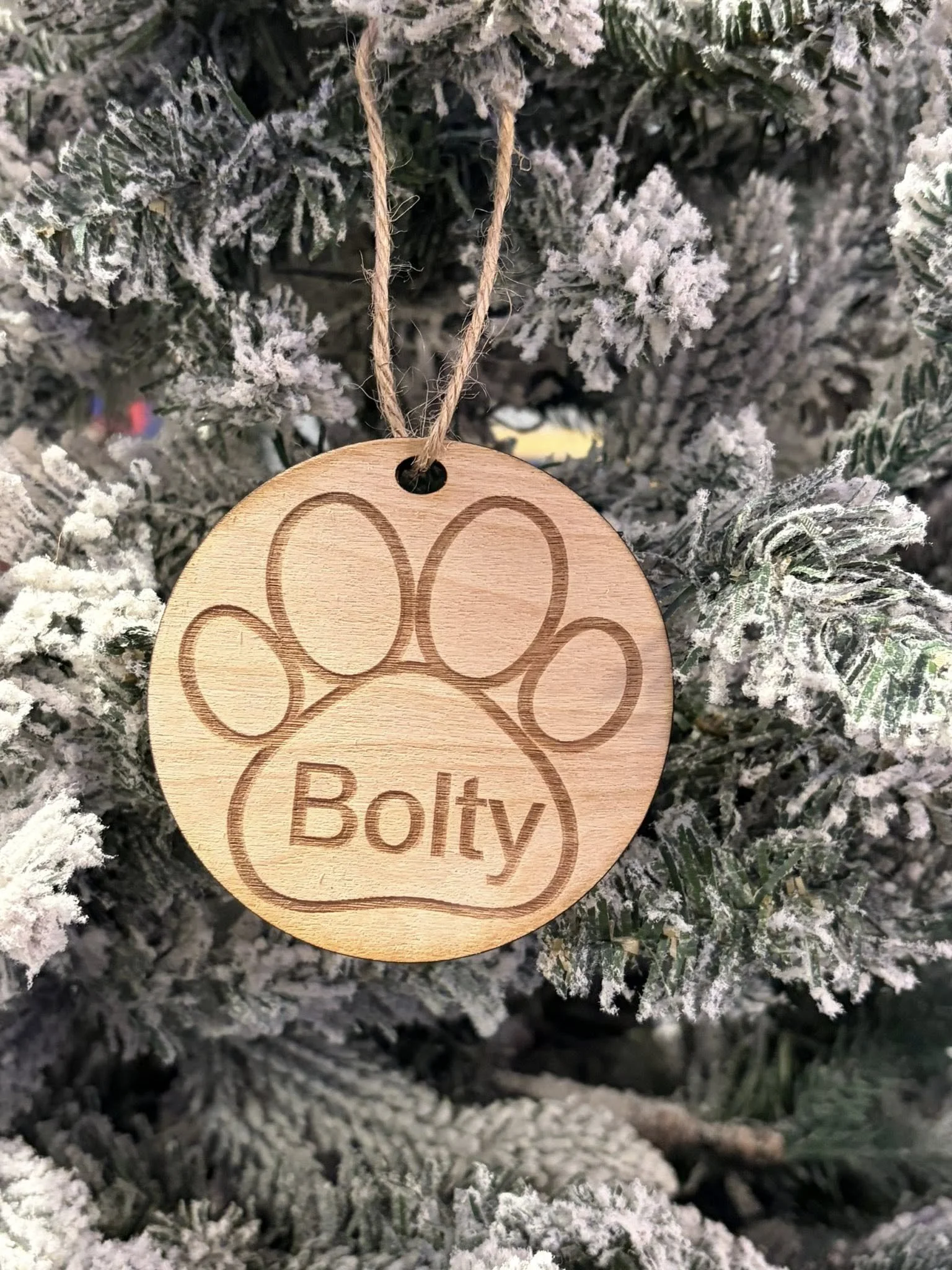 Engraved Wood Paw Print Ornament Personalized