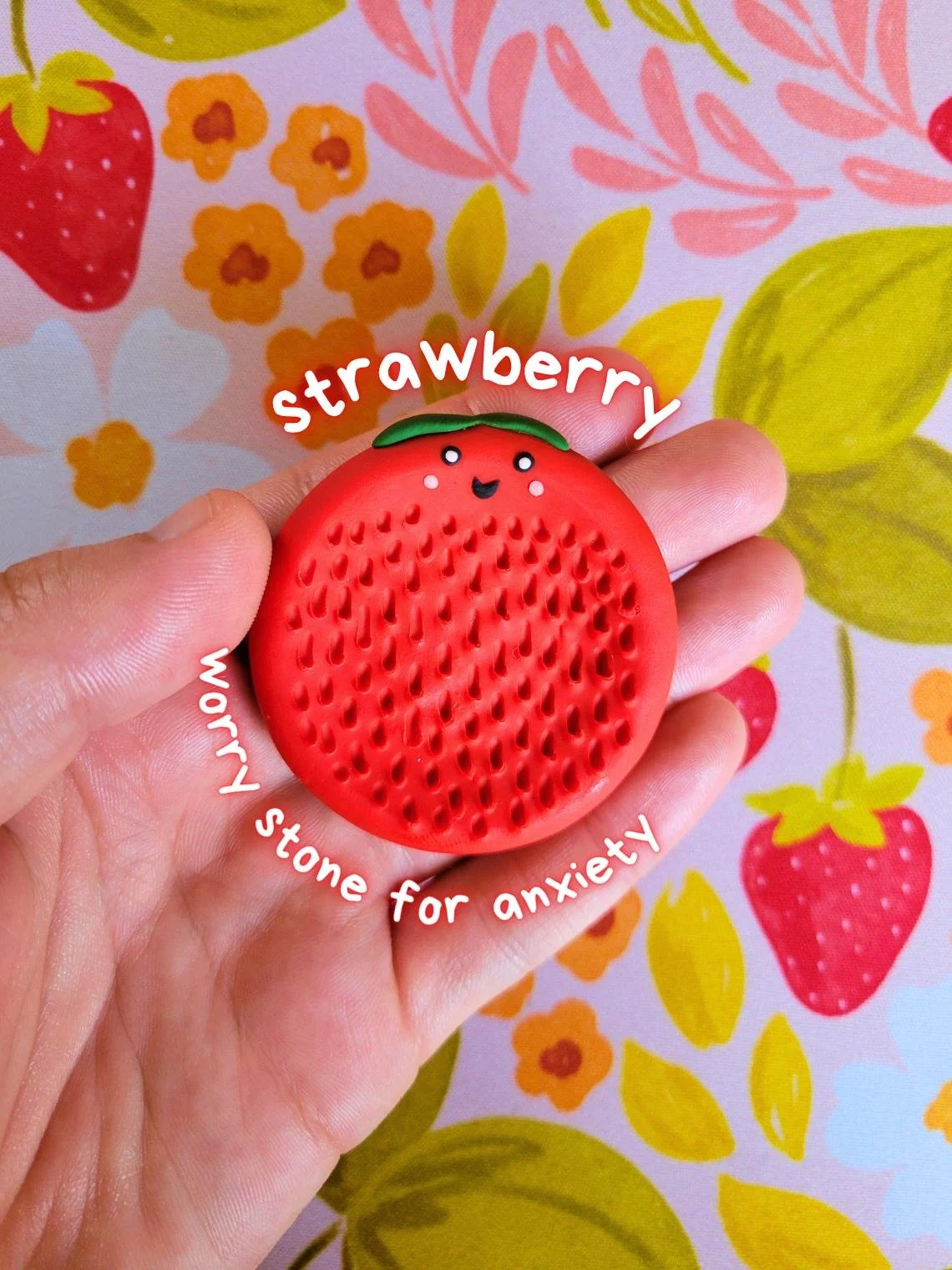 Strawberry Worry Stone: Handmade Polymer Clay Anxiety Fidget