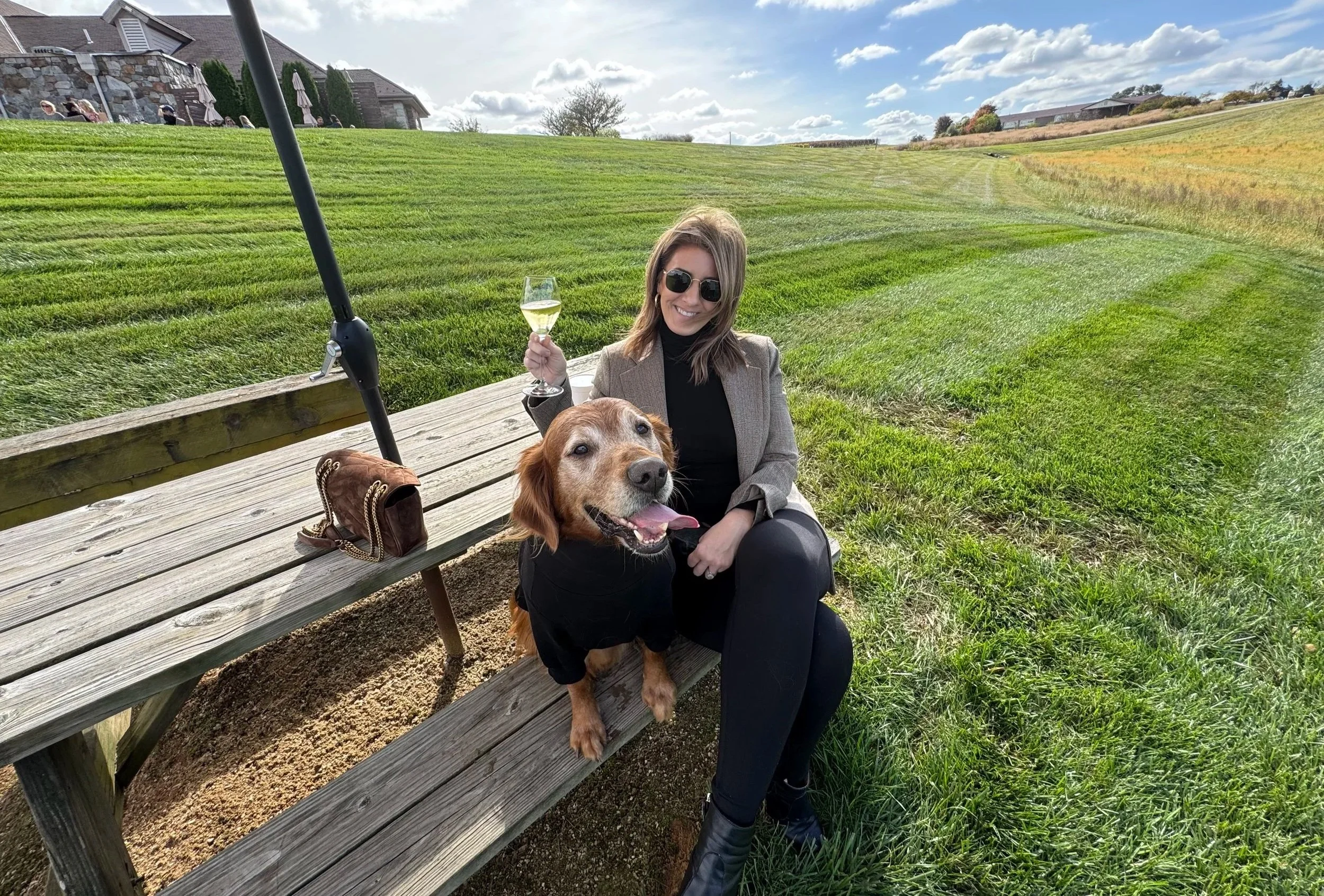 A woman sitting on a wooden bench in a grassy field, holding a glass of white wine, with a smiling golden retriever dog wearing a black shirt beside her. She is wearing sunglasses, a black turtleneck, a grey blazer, and black pants. There is a small brown bag on the bench. In the background, houses and trees are visible under a partly cloudy sky.