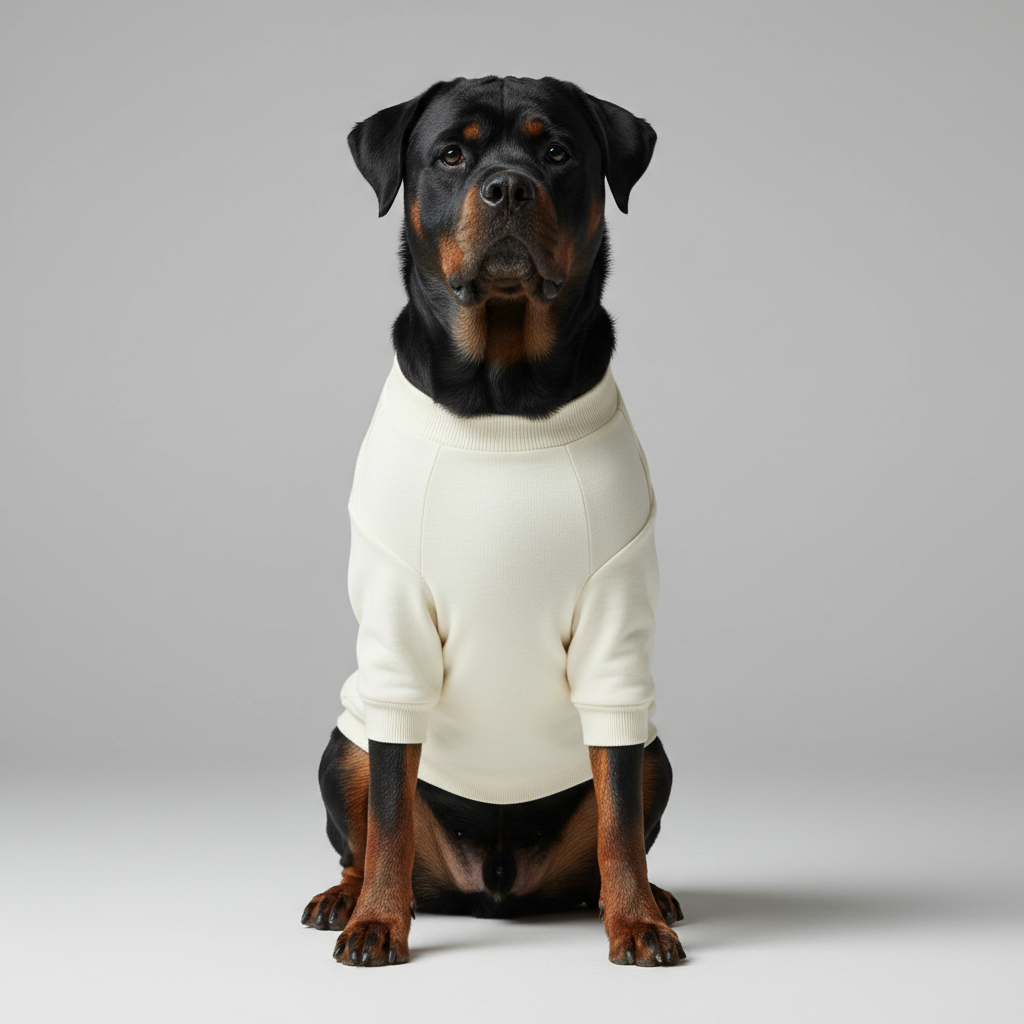 Firefly_GeminiFlash_A large, Rottweiler Dog wearing a fitted cream hoodie-style dog sweater with no hood, 828171.png