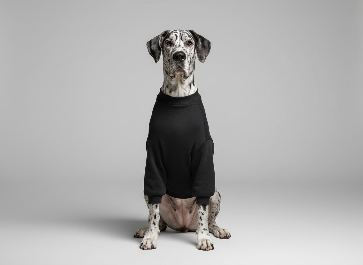 Firefly_A photorealistic studio portrait of a Great Dane wearing an oversized black crewneck  144042.png