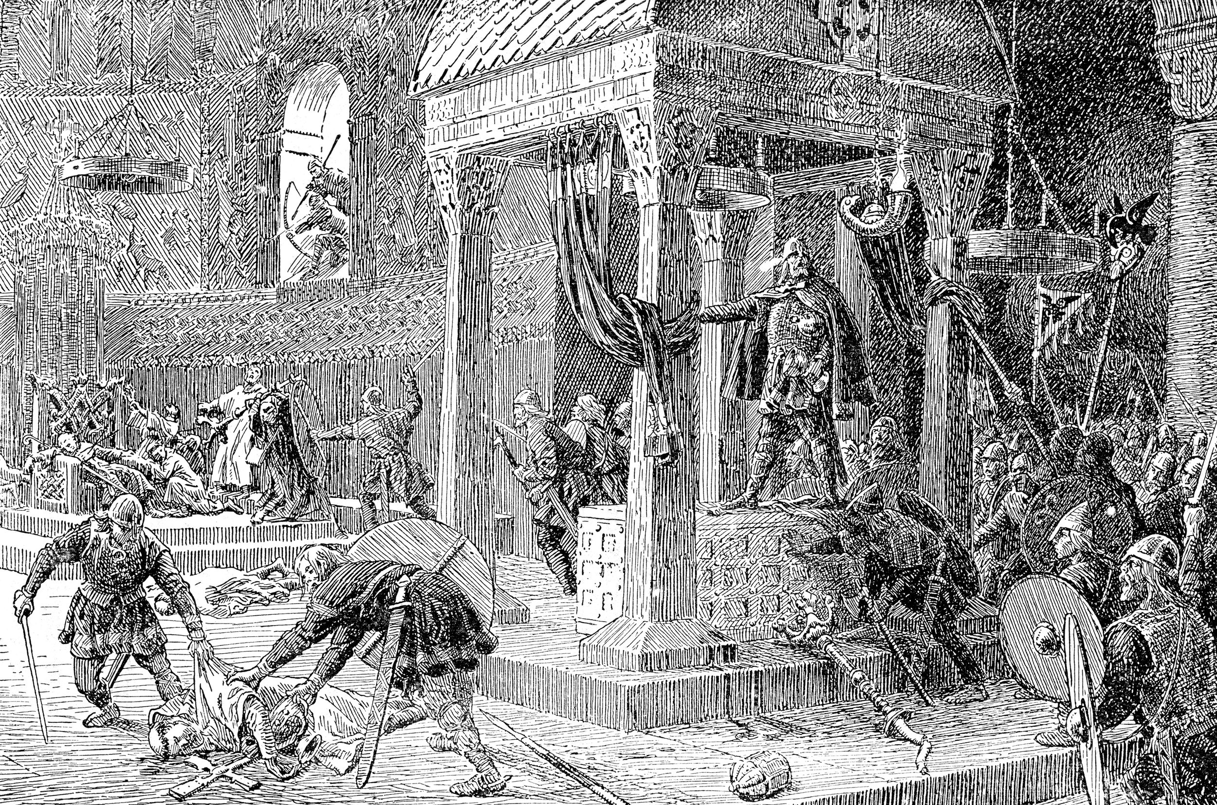 Artistic rendering of vikings attacking the monestary at Lindisfarne