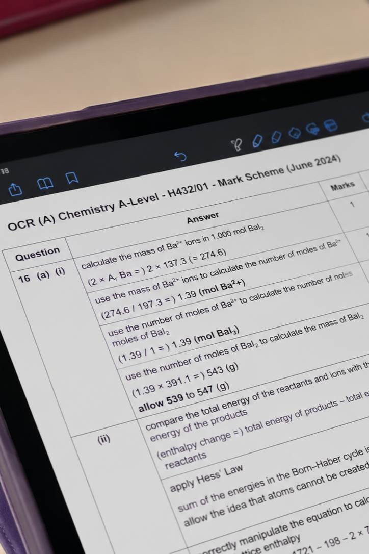 Close-up of a tablet screen displaying an OCR chemistry exam question and answer key for calculating the mass of Ba2+ ions.