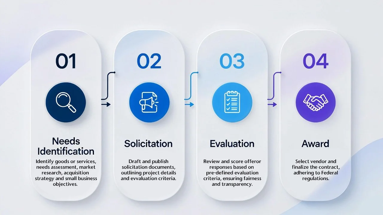 Flowchart illustrating four steps of a procurement process: 1. Needs Identification with magnifying glass icon, 2. Solicitation with document and pen icon, 3. Evaluation with checklist icon, 4. Award with handshake icon.