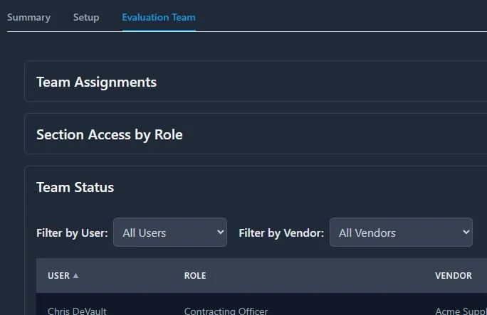 Screenshot of a software interface showing tabs labeled Summary, Setup, Evaluation Team, with Evaluation Team tab active. Below are sections titled Team Assignments, Section Access by Role, and Team Status. The Team Status section displays a filter for Users and Vendors, and lists a user named Chris DeVault with the role of Contracting Officer.