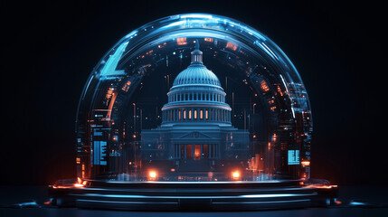 The United States Capitol building inside a transparent dome with city lights reflected around it.