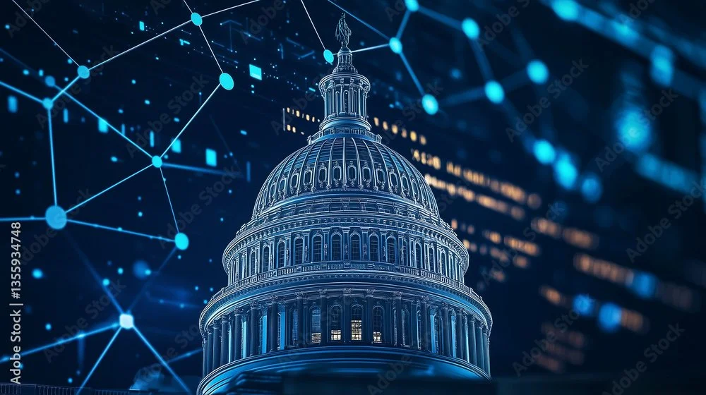 Digital illustration of the U.S. Capitol building with a futuristic network of blue dots and lines surrounding it, symbolizing technology and connectivity.