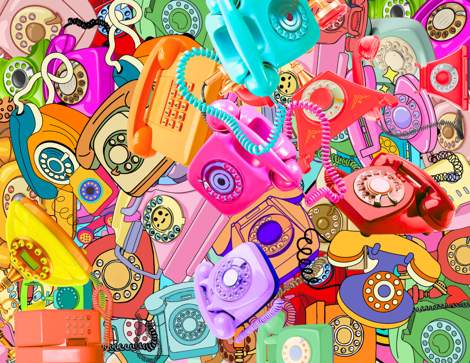A large colorful pile of vintage rotary dial and push-button telephones in various bright colors including pink, yellow, red, green, purple, and orange.