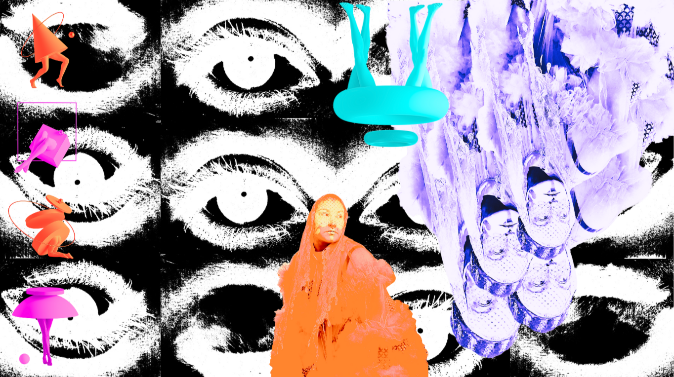 A collage of black and white replicated eyes as background, with colorful surreal objects and human figures overlaid, including an orange human figure, a purple human figure, floating colorful abstract shapes, and a woman with long hair in an orange hue in the foreground.