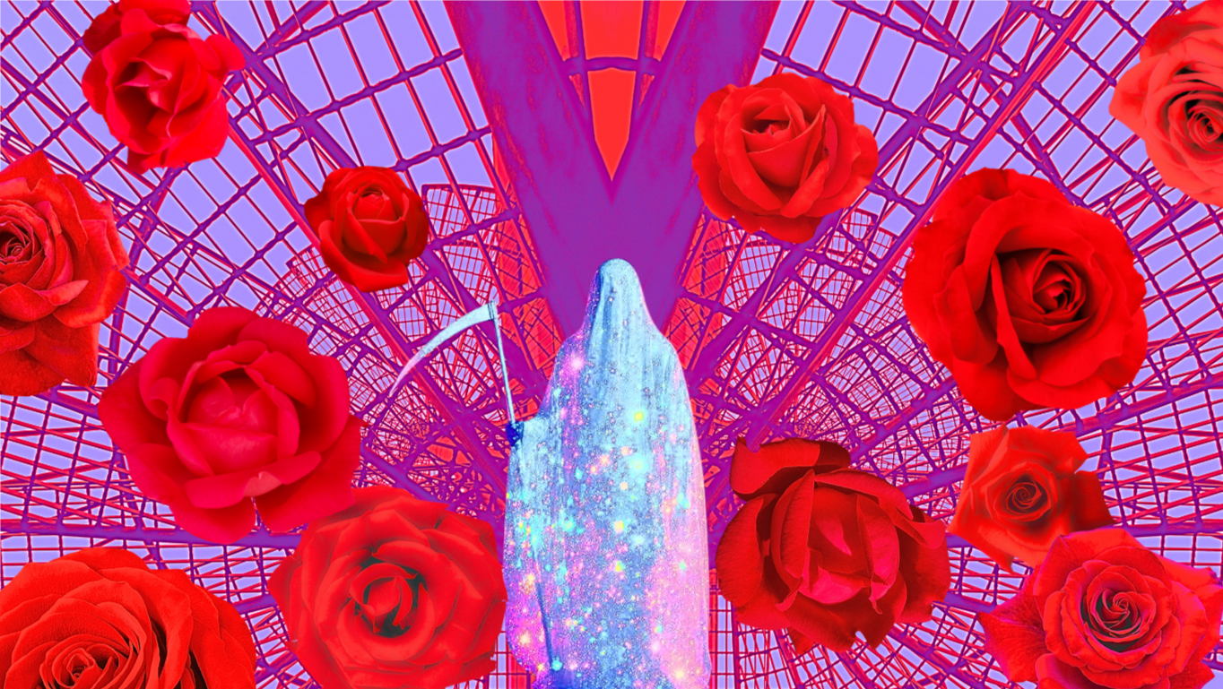 A person in a sequined dress is holding a sparkly sword inside a large, red, metal Ferris wheel with red roses surrounding them.