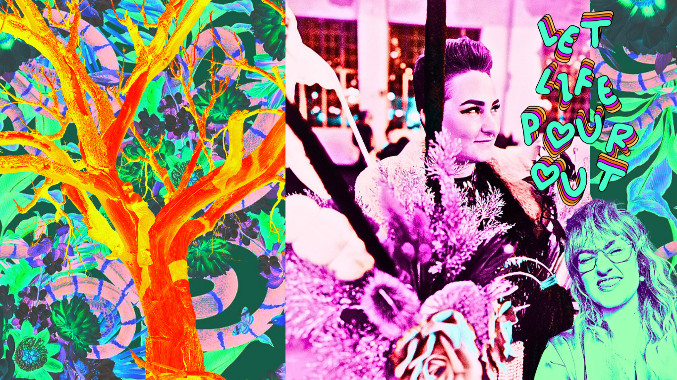 A colorful, abstract digital art split into two sections. The left side features a stylized, bright orange and yellow tree with swirling, vibrant background colors. The right side depicts two women sitting outdoors, one with short dark hair and the other with long wavy hair and glasses, both smiling or making humorous faces. There is playful, multicolored text that reads "LET LIFE POUR OUT" with heart shapes around it.