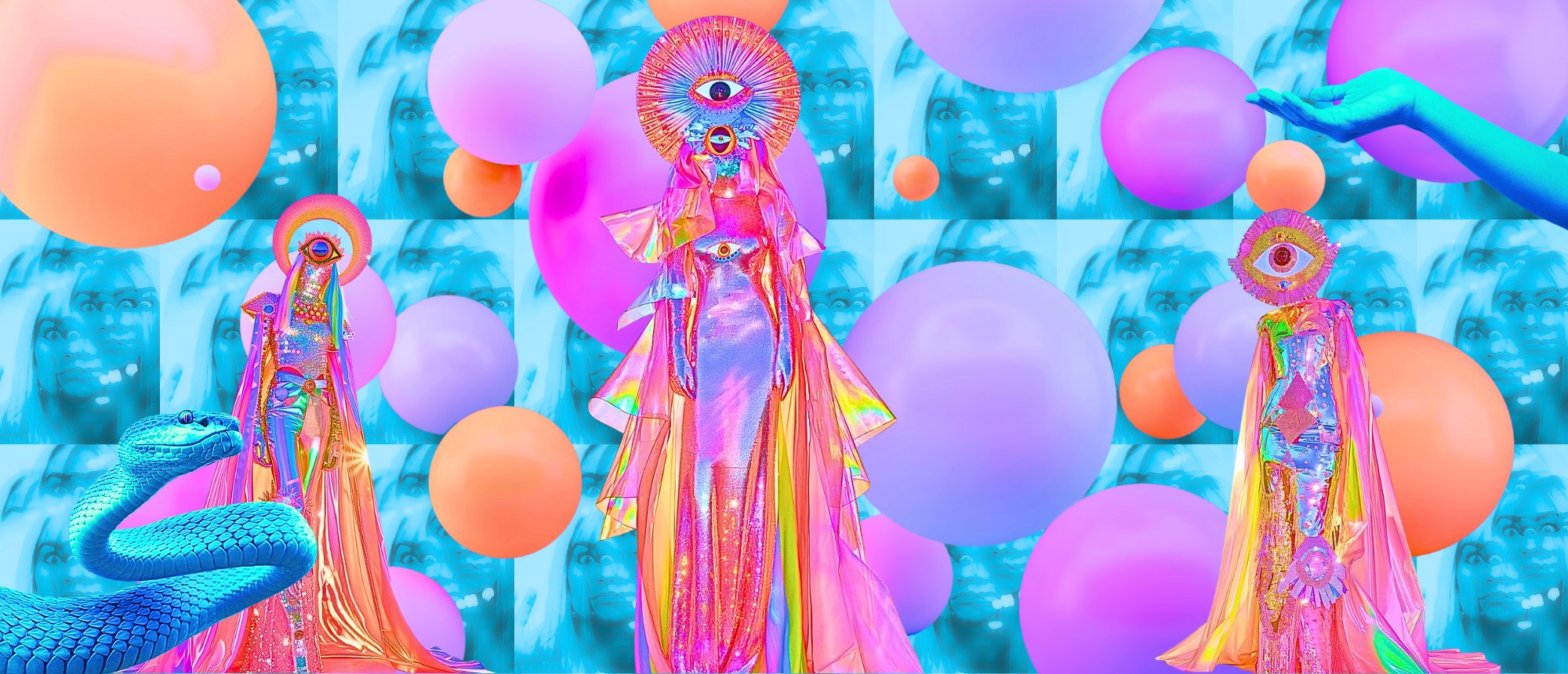 Colorful digital artwork featuring three human-like figures with large, eye centered masks, surrounded by pastel-colored balls, a blue snake, and a background of repeated blue faces.