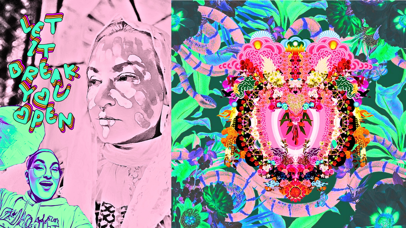 Digital collage featuring illustrated portraits of two women on the left side, one with glasses and one with a smile, set against a vibrant, psychedelic background with colorful floral patterns and a butterfly-shaped design at the center. The text 'The Yodels Are Open' is written in a playful, rainbow-colored font on the upper left side.