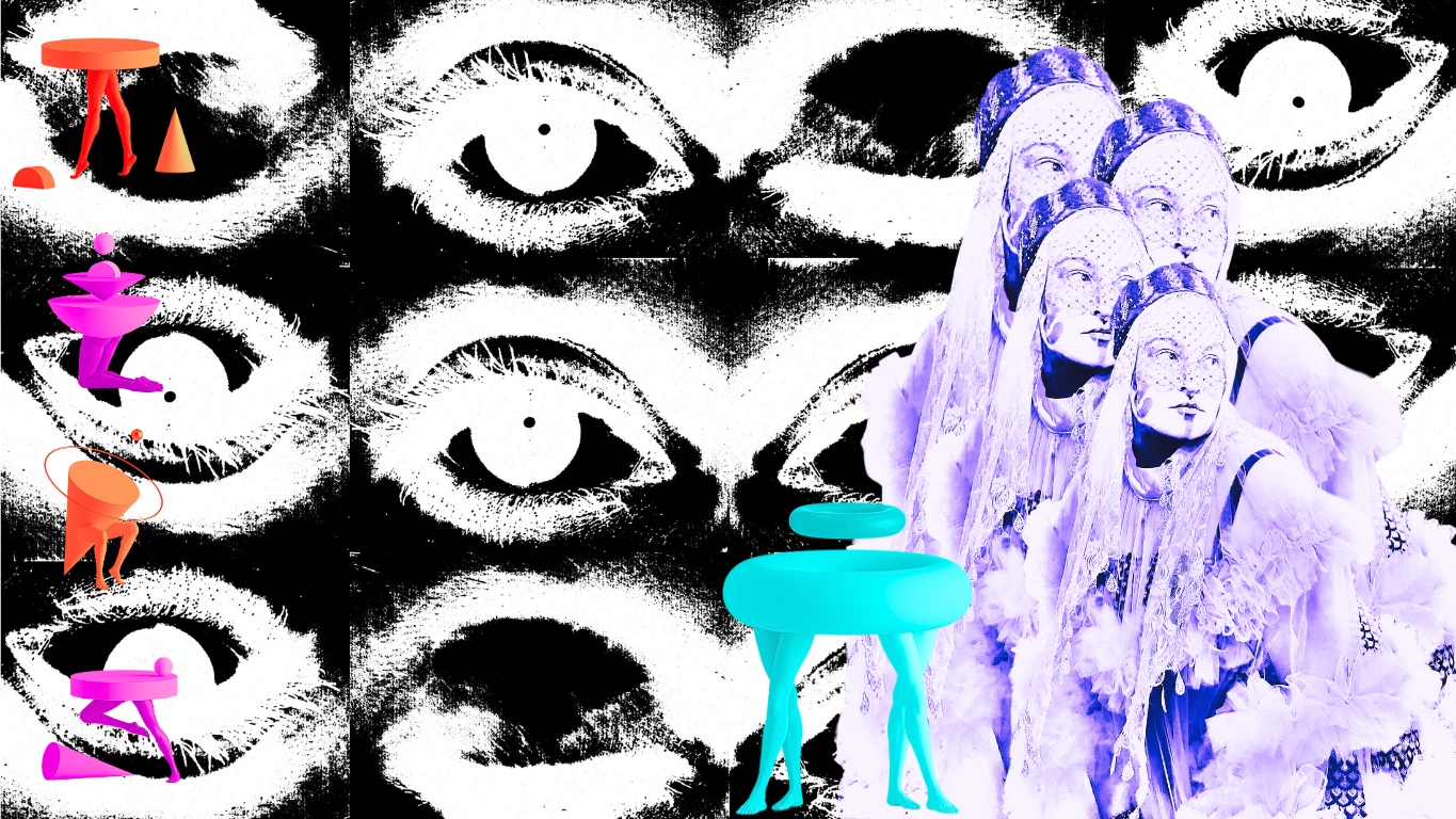 A digital collage with black and white stylized eye illustrations in the background, and colorful abstract human figures with clock-like heads in the foreground, along with a group of people dressed in angel costumes, with white wings and masks, illuminated in purple.