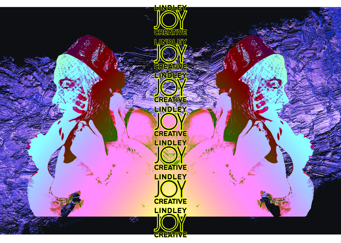 Digital artwork featuring two mirrored women with face paint and fishnet head coverings, set against a textured purple background with the repeated words "Lindley Joy Creative" in bold yellow and black text down the center.