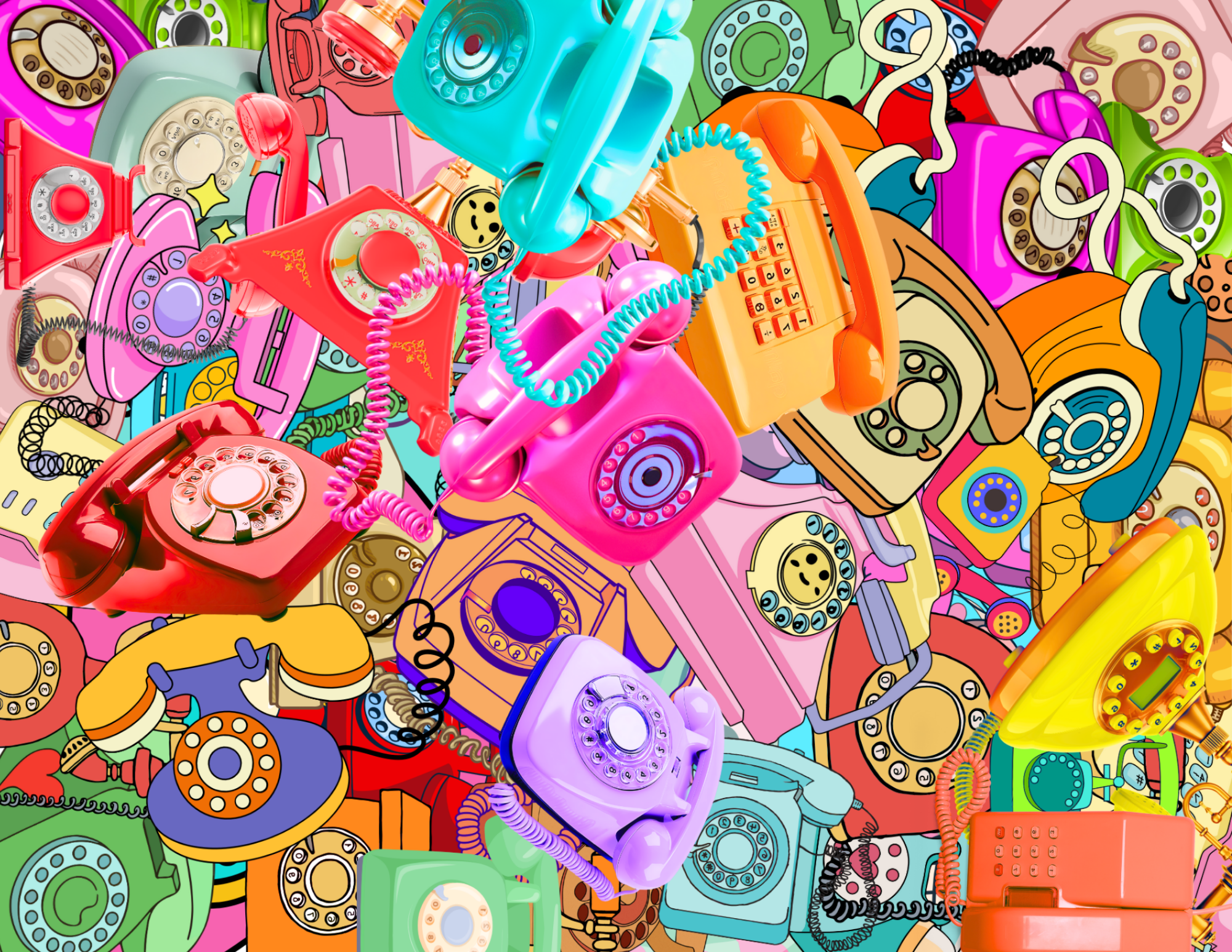 A colorful collage of various vintage rotary phones in different vibrant colors arranged in a chaotic pattern.