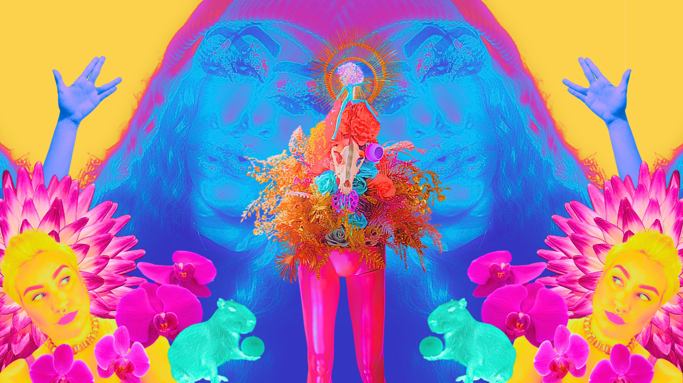 A vibrant, surreal collage featuring a central figure with floral and abstract elements, mirrored faces in the background, large pink flowers, two glowing green mice, and yellow portraits of a woman with a flower crown, all set against a vivid yellow backdrop.