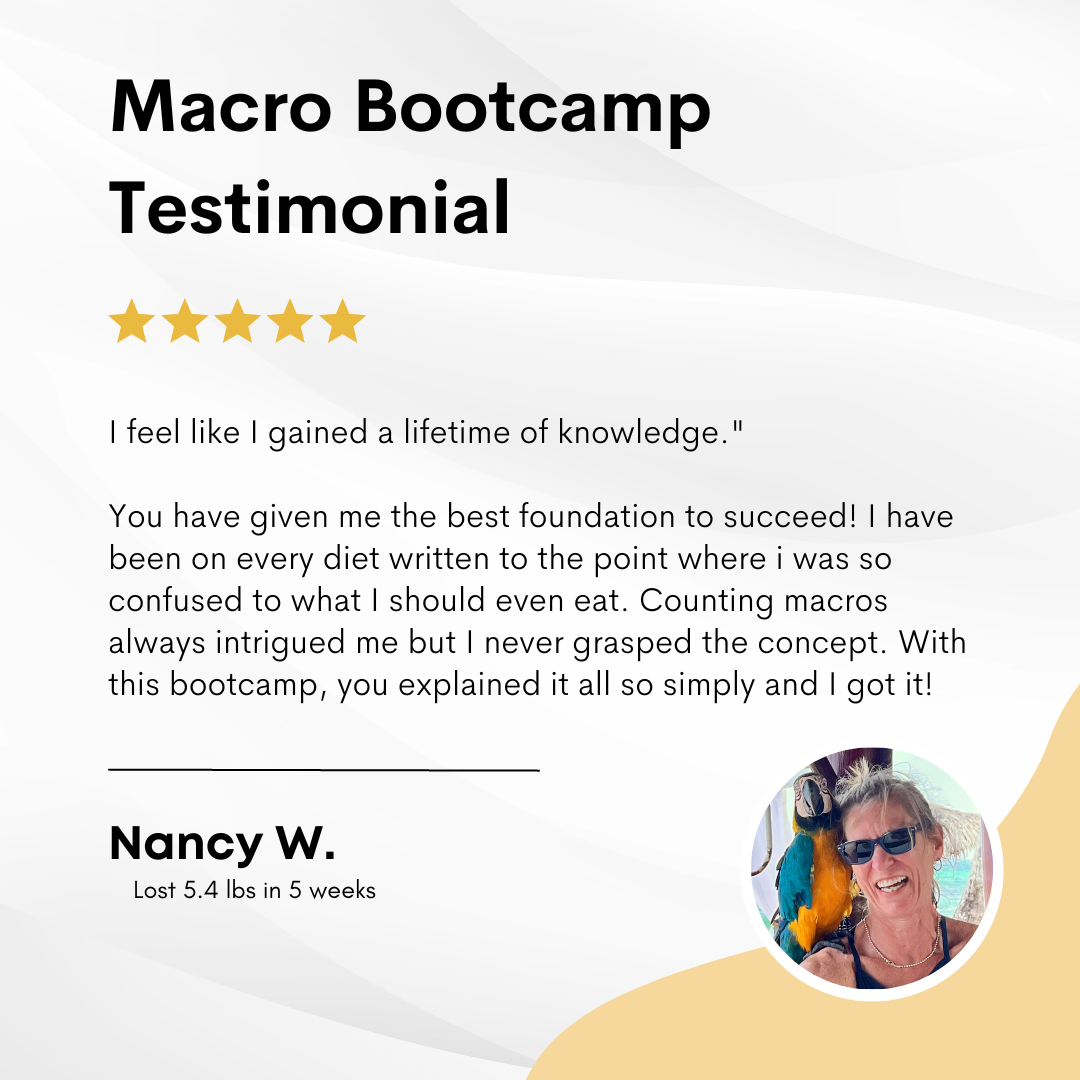 Testimonial for Macro Bootcamp with five-star rating, quote about gaining knowledge, positive feedback about diet plans, and a photo of a woman with a parrot.