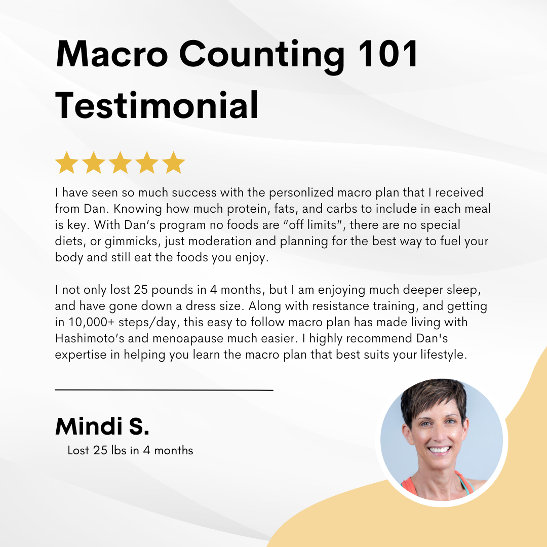 Testimonial for Macro Counting 101 course featuring a woman smiling, with five gold stars above the text and her name, Mindi S., noting she lost 25 pounds in four months.