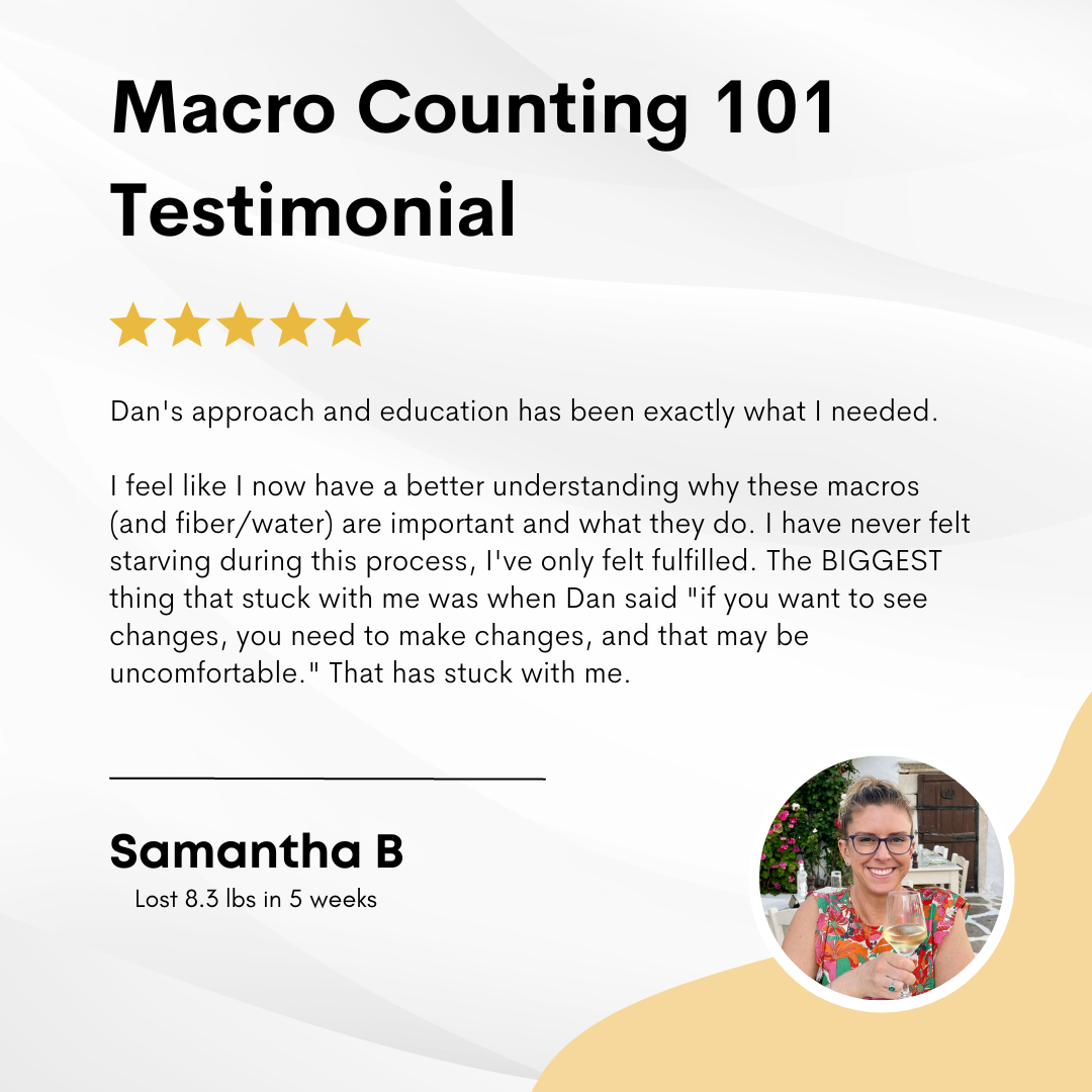 Testimonial poster for Macro Counting 101 with a 5-star rating, praising Dan's approach, with a photo of a smiling woman holding a glass of white wine, sitting outdoors.