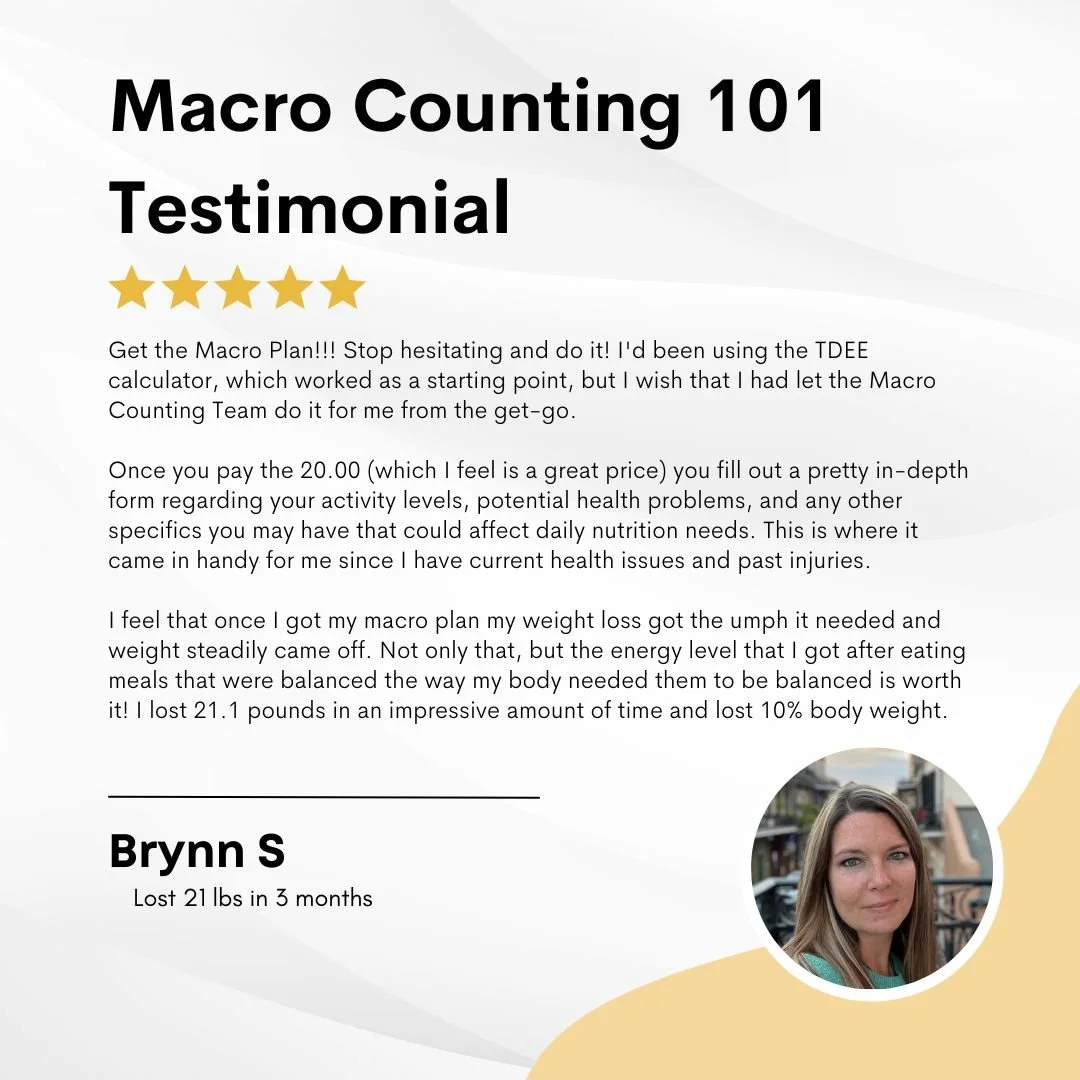 Testimonial for Macro Counting 101 program featuring a 5-star rating, a photo of Brynn S, and her statement about losing 21 pounds in 3 months.
