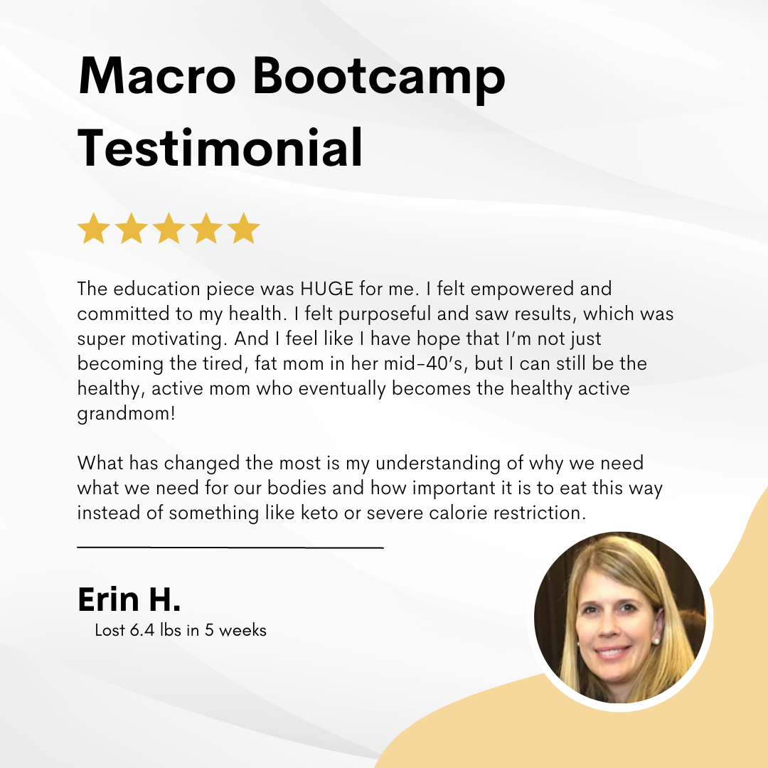 Testimonial for Macro Bootcamp with five gold stars, featuring a woman named Erin H. who lost 6.4 pounds in 5 weeks, with her photo in a circular frame at the bottom right corner.