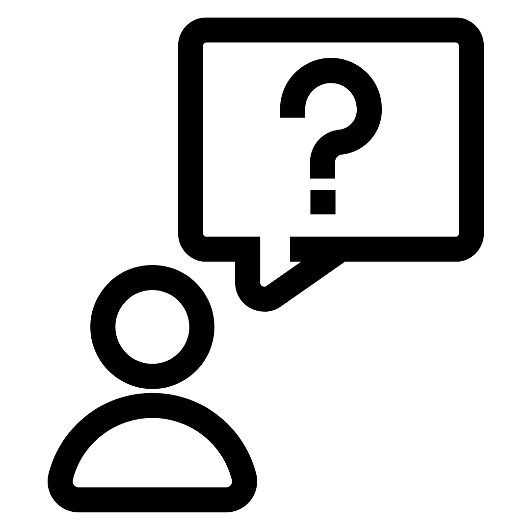 A person icon with a speech bubble containing a question mark.