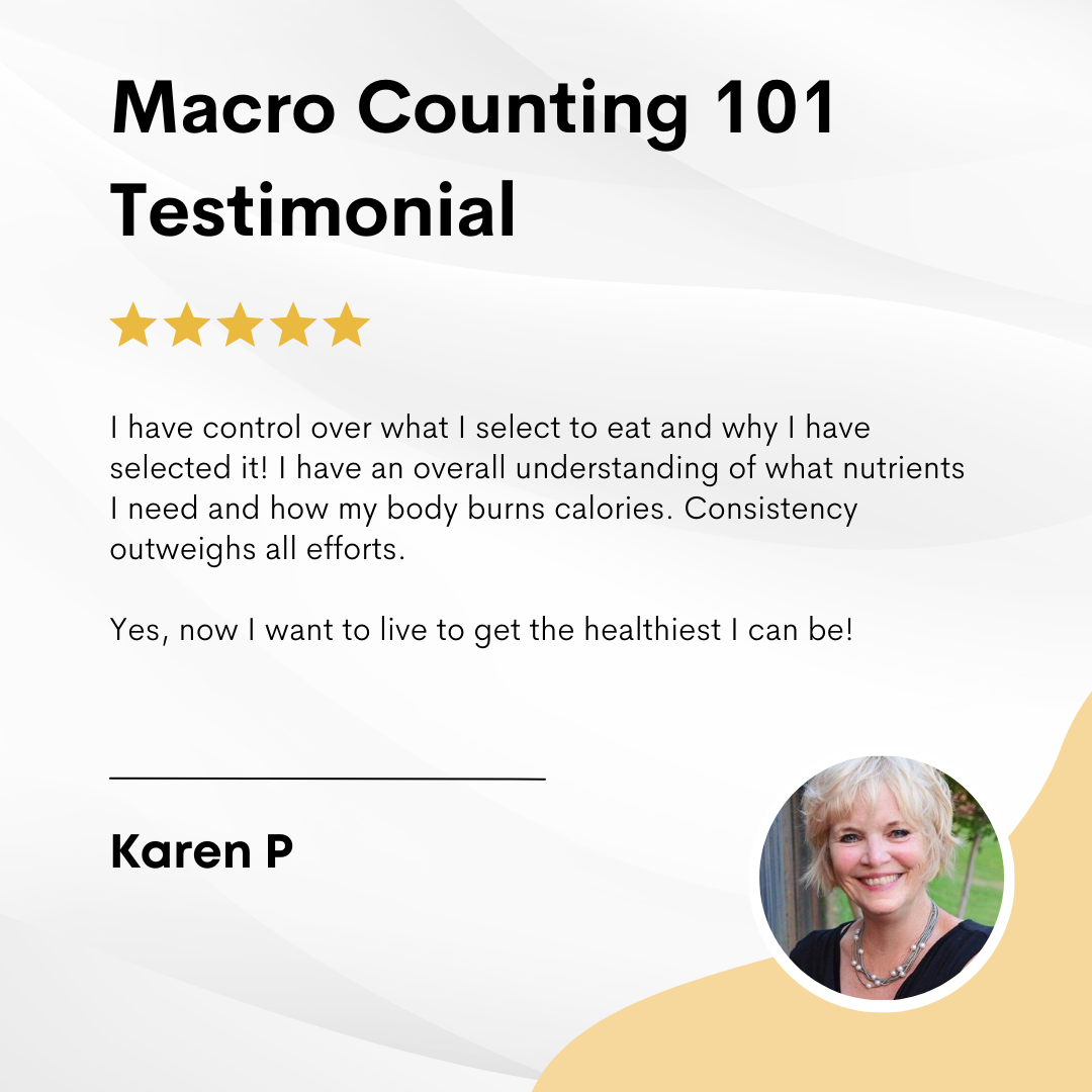 Testimonial graphic for a course called Macro Counting 101, featuring a five-star rating, a photo of a smiling woman, and a positive review about understanding nutrient control and healthy living.