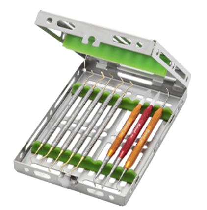 Set of dental instruments in a metal tray with a green lining, including probes, forceps, and scissors.