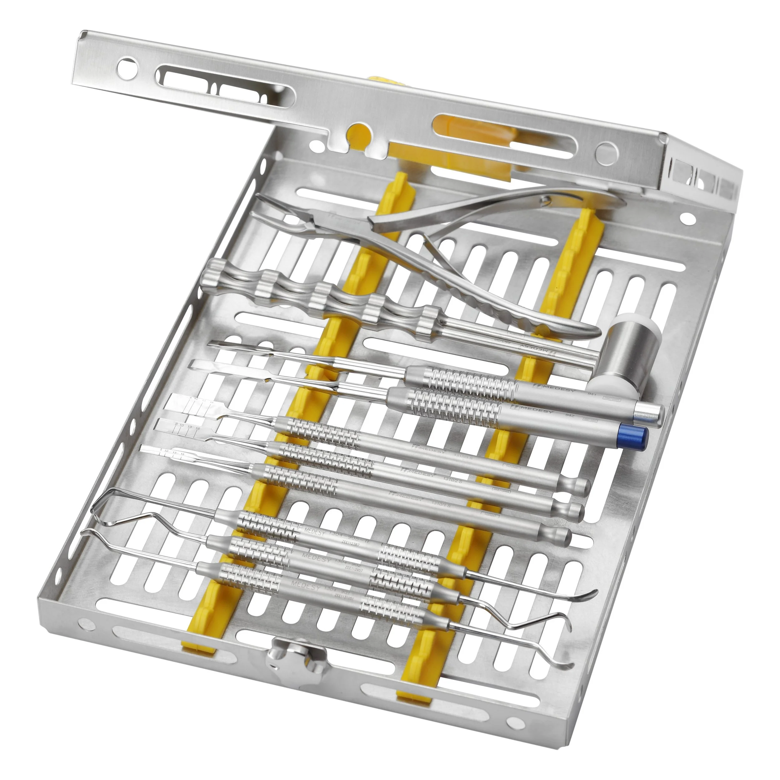 Dental scaler and probe set in a metal tray with yellow holders.