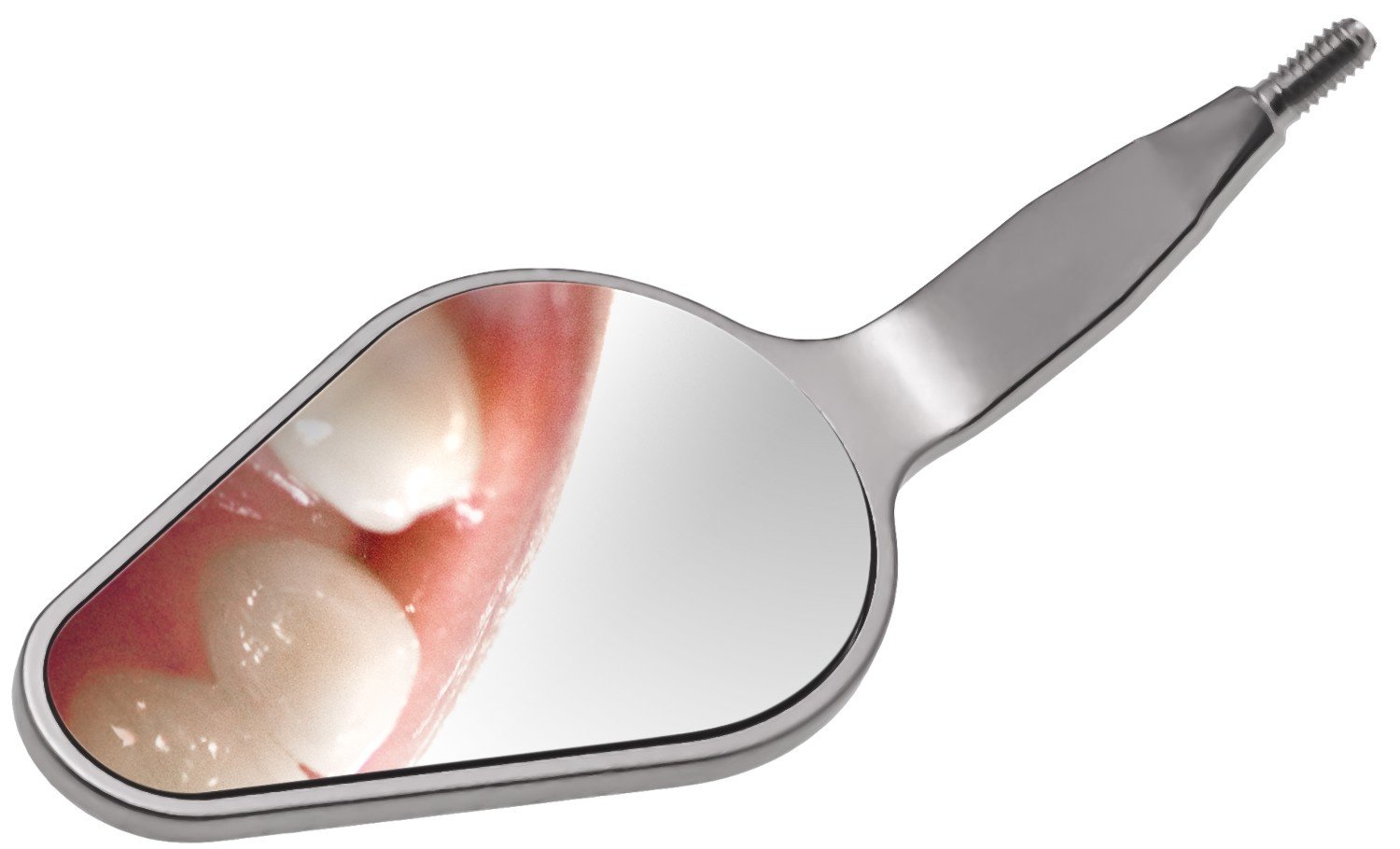 A handheld mirror with a circular reflective surface and a long, adjustable metal handle.