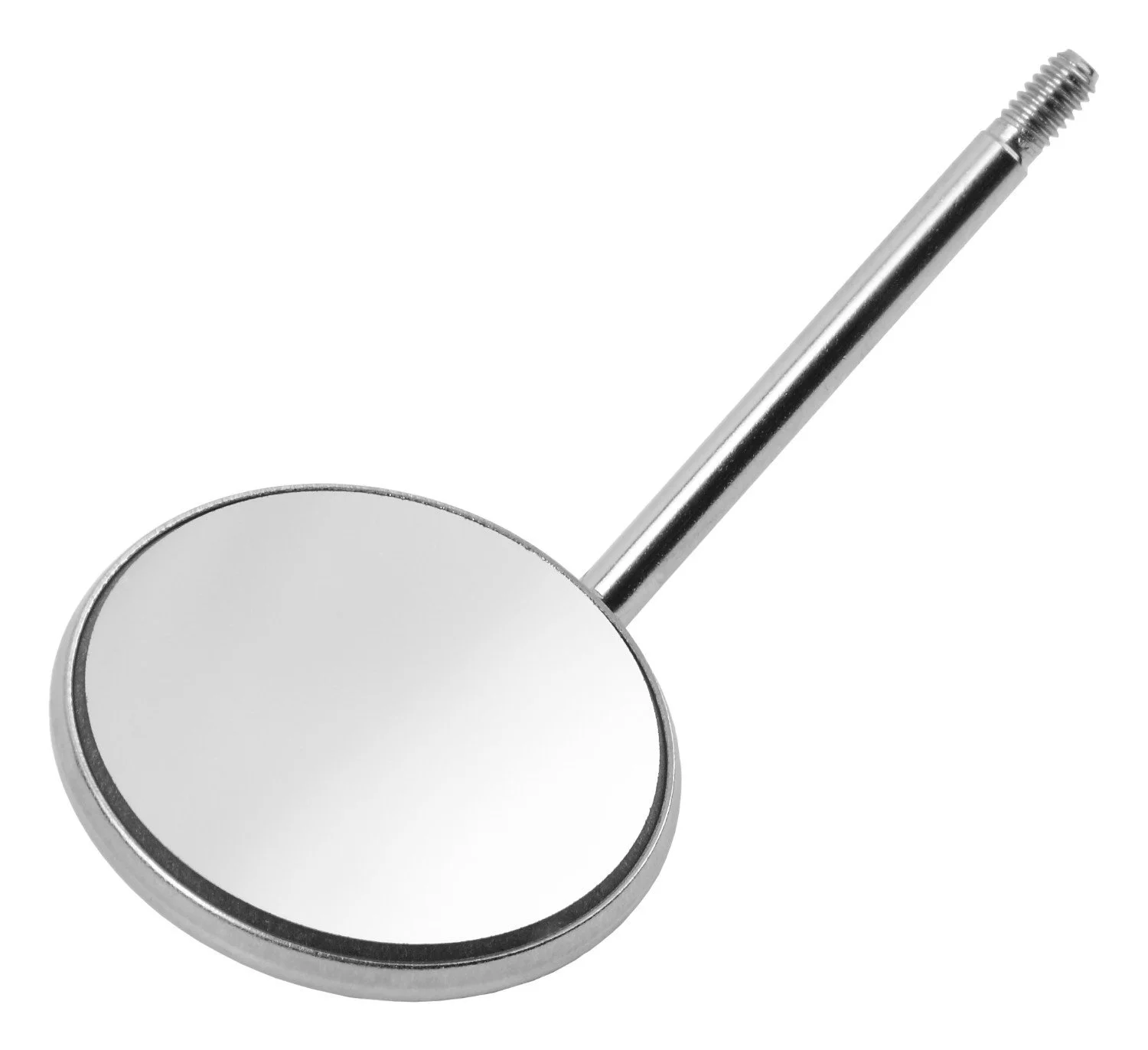 A handheld mirror with a circular reflective surface and a long, adjustable metal handle.