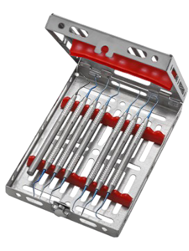 A metal dental instrument tray with various dental probes and tools, including a dental explorer and periodontal probes, secured on red and blue plastic holders.