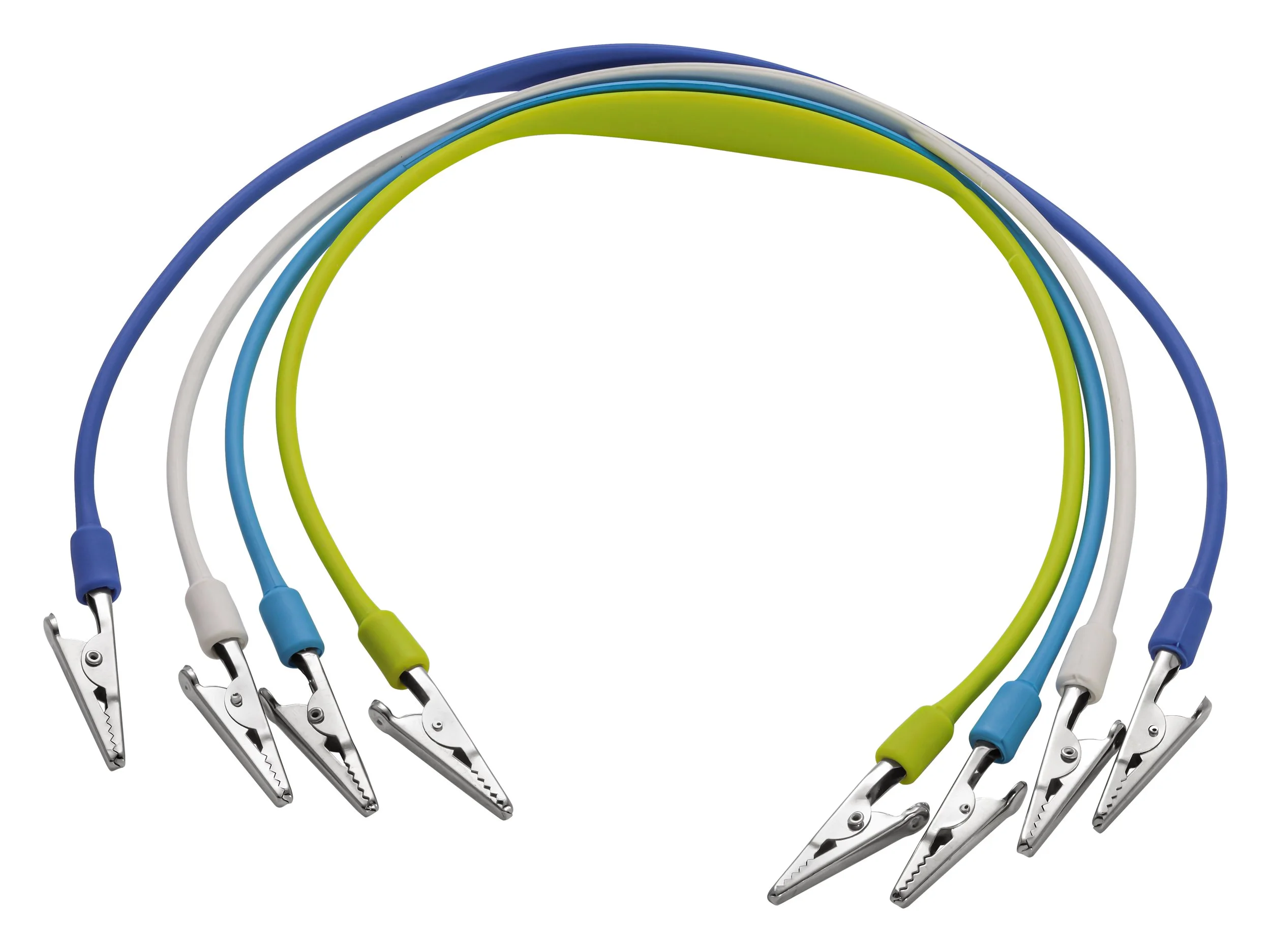 A set of colorful jumper cables with alligator clamps in blue, white, green, and light blue colors.