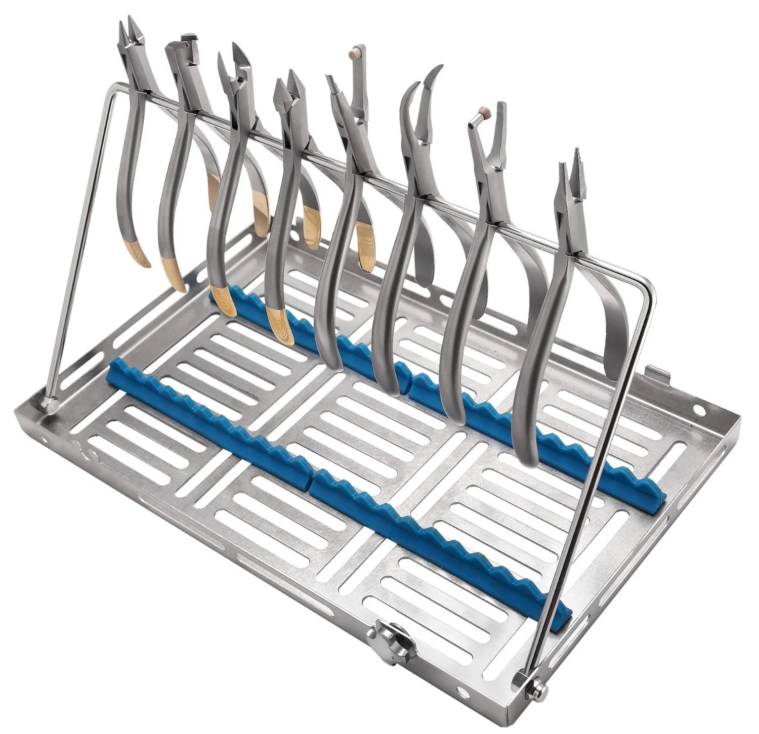 Sterilizer instrument tray with surgical tools.