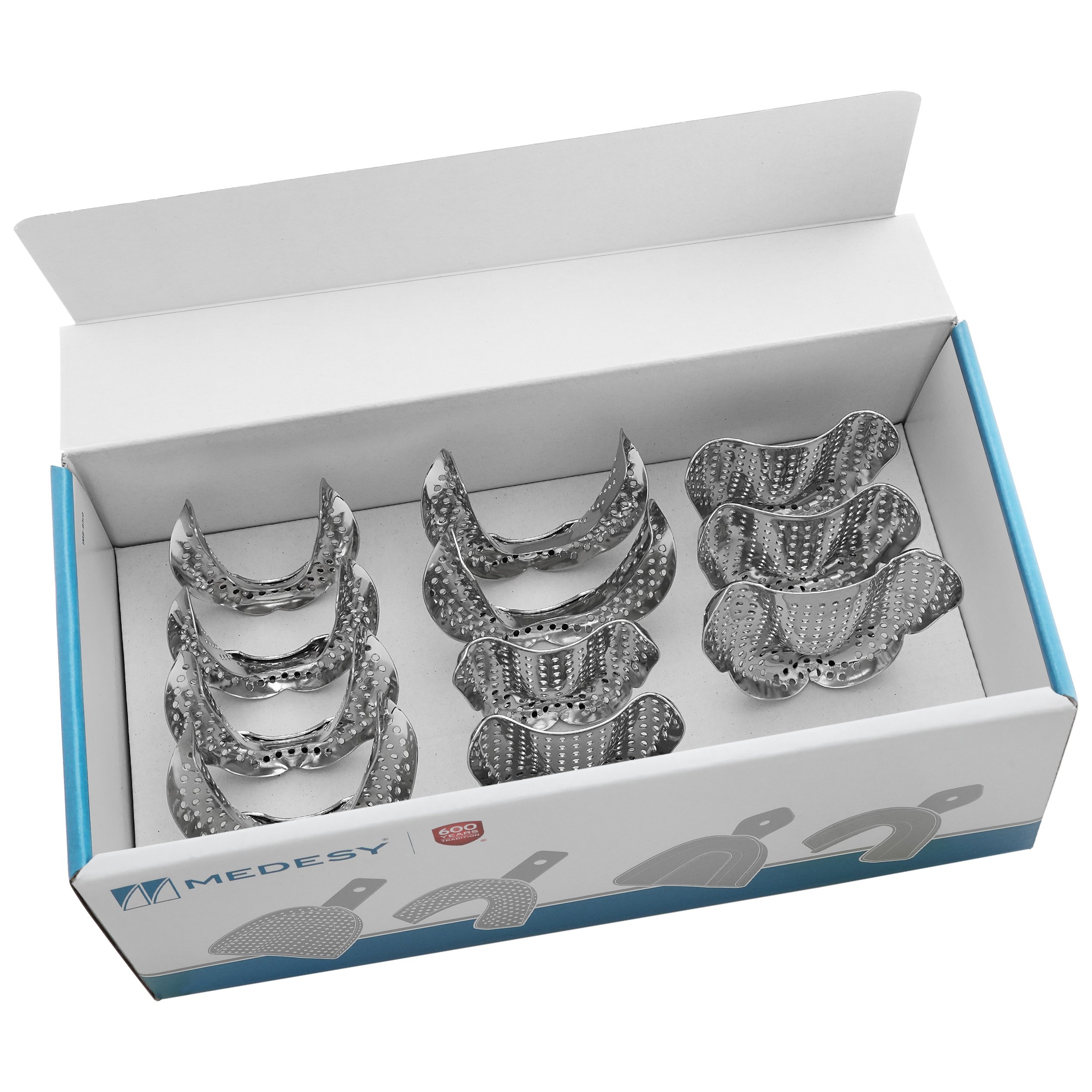 Set of metal orthodontic retainers in a white box with blue accents, labeled 'MEDESY'.
