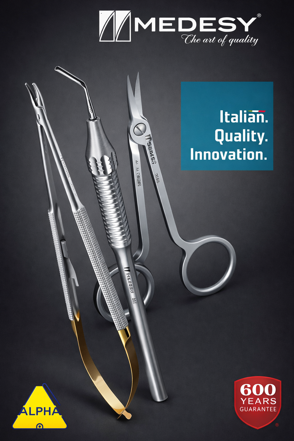 Display of high-quality surgical instruments made by Medesy, a brand known for Italian craftsmanship, with a logo and the tagline 'The art of quality.' The background is dark, and there are icons indicating a 600-year guarantee and participation in safety standards or certification.