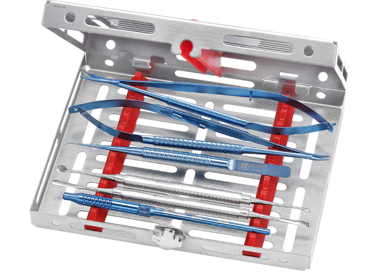 A metal dental instrument tray with various dental probes and tools, including a dental explorer and periodontal probes, secured on red and blue plastic holders.