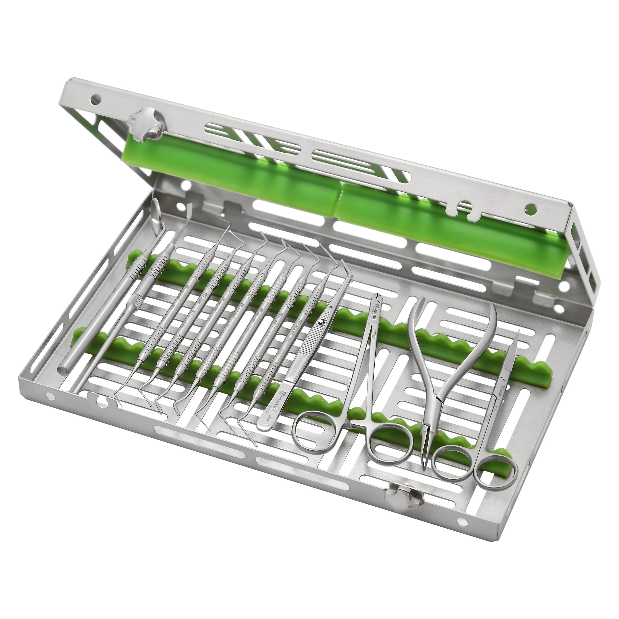 Set of dental instruments in a metal tray with a green lining, including probes, forceps, and scissors.