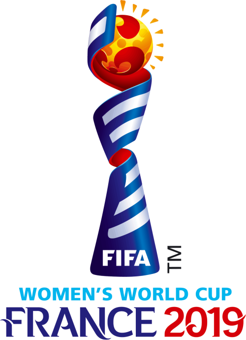 FIFA Women’s World Cup 2019 logo with a stylized trophy, sun, and ball in blue, yellow, and red, with text indicating the event took place in France in 2019.