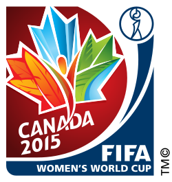 Logo for the 2015 FIFA Women's World Cup in Canada, featuring colorful maple leaves surrounding a female soccer player silhouette and the FIFA World Cup trophy.