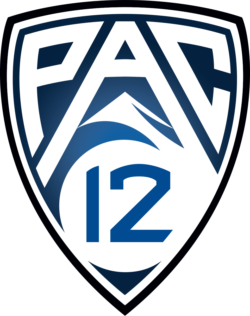 Pac-12 logo with a shield shape, the word 'PAC' at the top, and the number '12' at the bottom in blue and white.