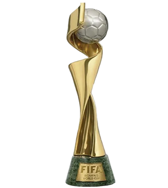 Golden FIFA World Cup trophy with a soccer ball on top against a pink background.