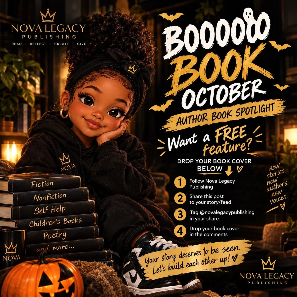 📚✨ WE WANT TO SPOTLIGHT YOUR BOOK! ✨📚

Authors, this one is for YOU! 🖤💛

Have a book you&rsquo;re proud of? Whether you&rsquo;re a new author, an independent author, or you&rsquo;ve been writing for years, Nova Legacy Publishing wants to shine a 
