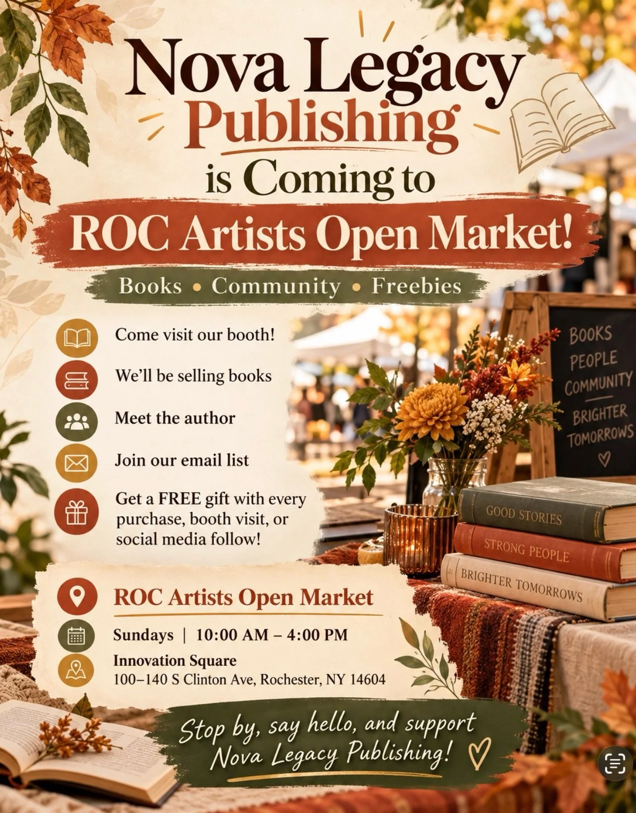 🍂📚 BOO BOOKTOBER IS COMING TO ROCHESTER! 🎃👻

Nova Legacy Publishing is pulling up to the **ROC Artists Open Market** for a day filled with books, creativity, community, and a little spooky-season magic! 🧡📖

Come meet the author, shop books, joi