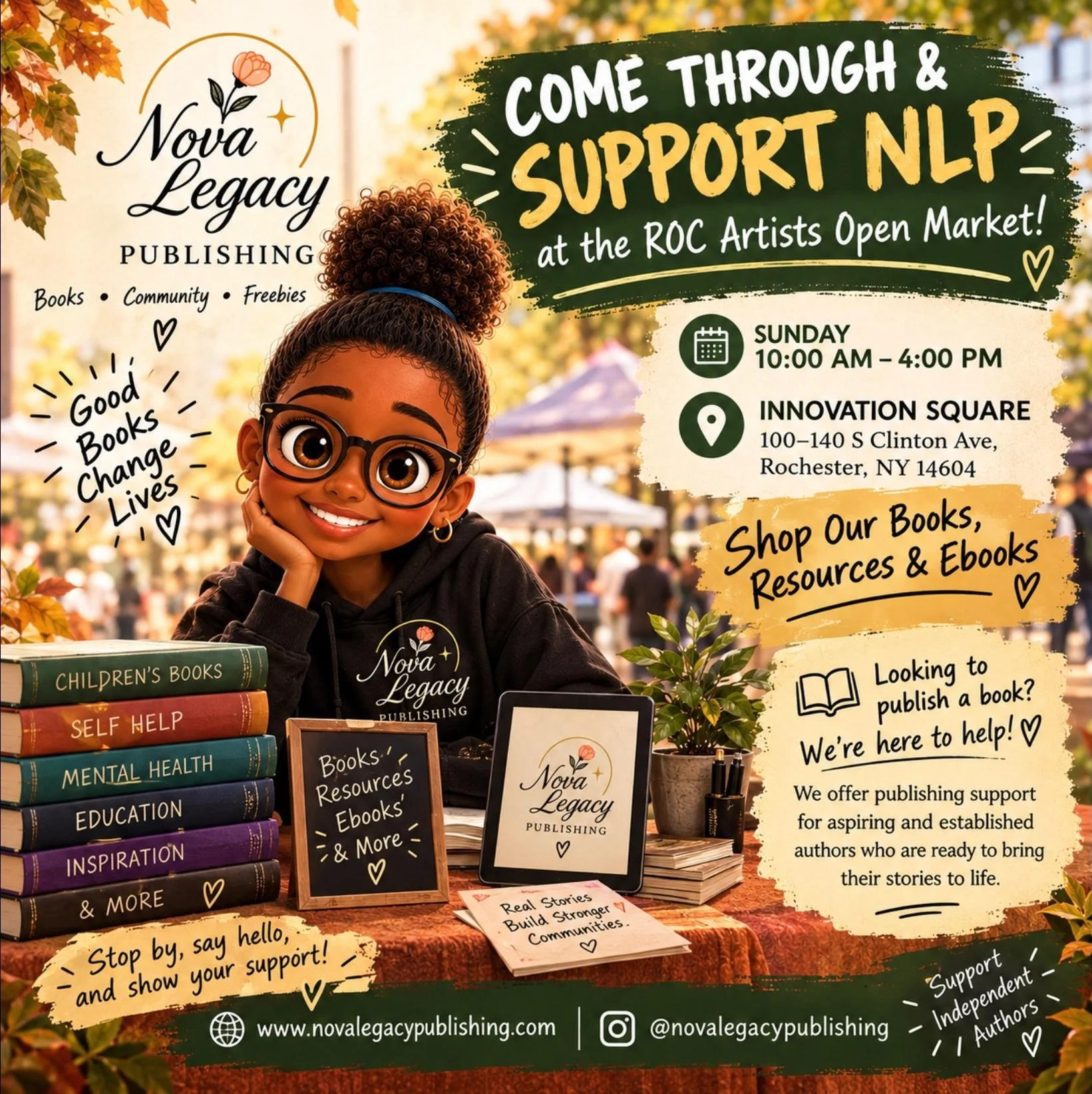🍂📚 ROCHESTER, WE&rsquo;RE COMING THROUGH! 📚🍂

Nova Legacy Publishing is pulling up to the **ROC Artists Open Market THIS SUNDAY!** 🧡✨

Come through, show some love, and support NLP! We&rsquo;ll have books, helpful resources, and ebooks available