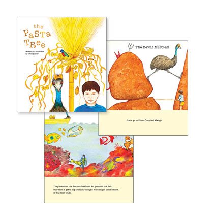 The Pasta Tree, written and illustrated by Denbigh Sale is a delightful story about an emu called Mango and a little boy called Nino. 
They meet and travel to some iconic Australian places including The Devil’s Marbles, Uluru and The Great Barrier Re