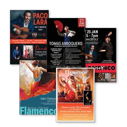A4 promotional flyers for live performances.
