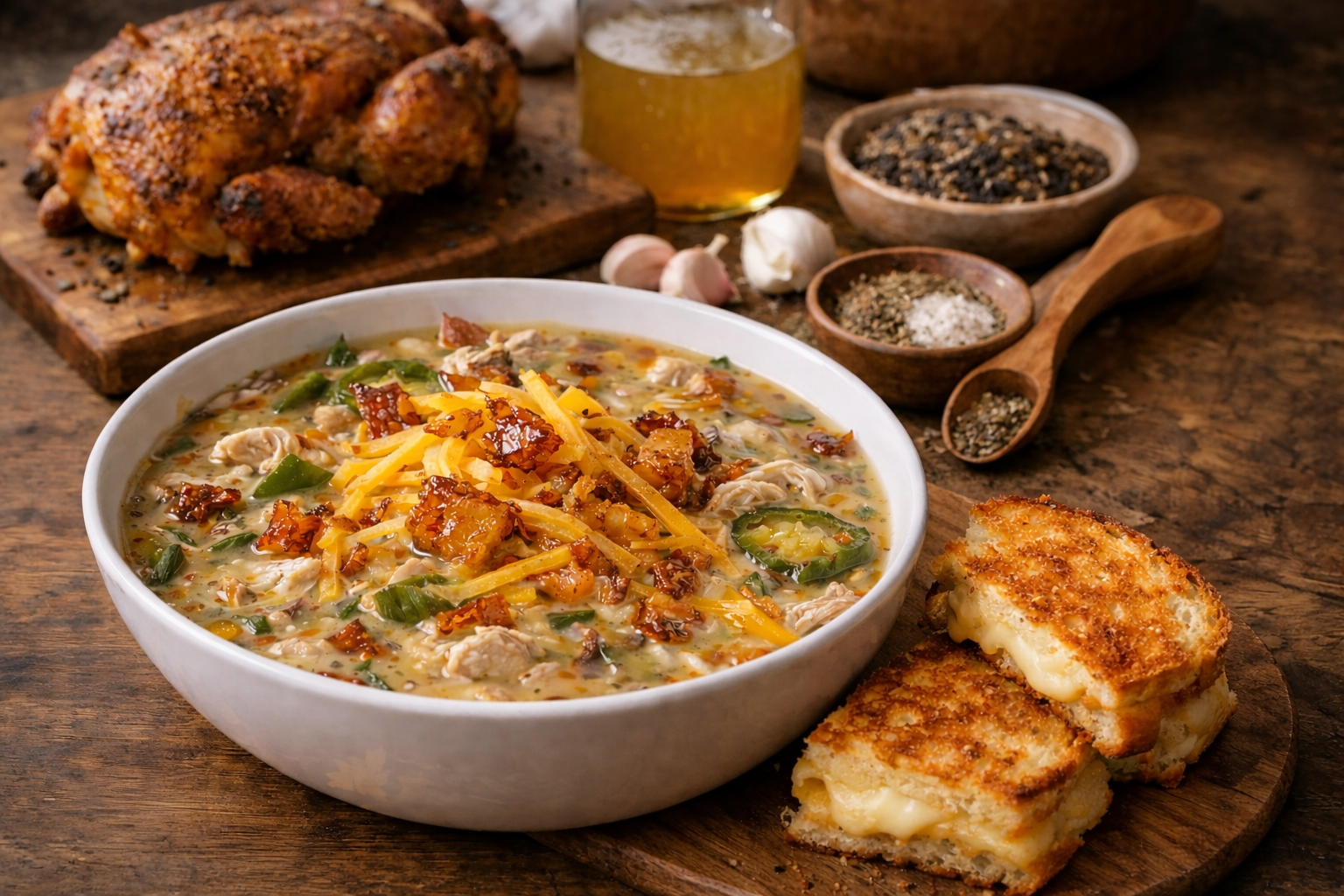 Bacon Jalapeño Chicken &amp; Roasted Pineapple Soup with Monterey Jack &amp; Cheddar, served alongside a Smoked Gouda Grilled Cheese on Sourdough