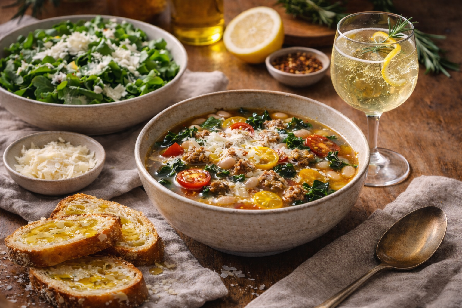 A Warm Cozy Italian Soup, Mixed Greens with A Sparkling Wine Mocktail
